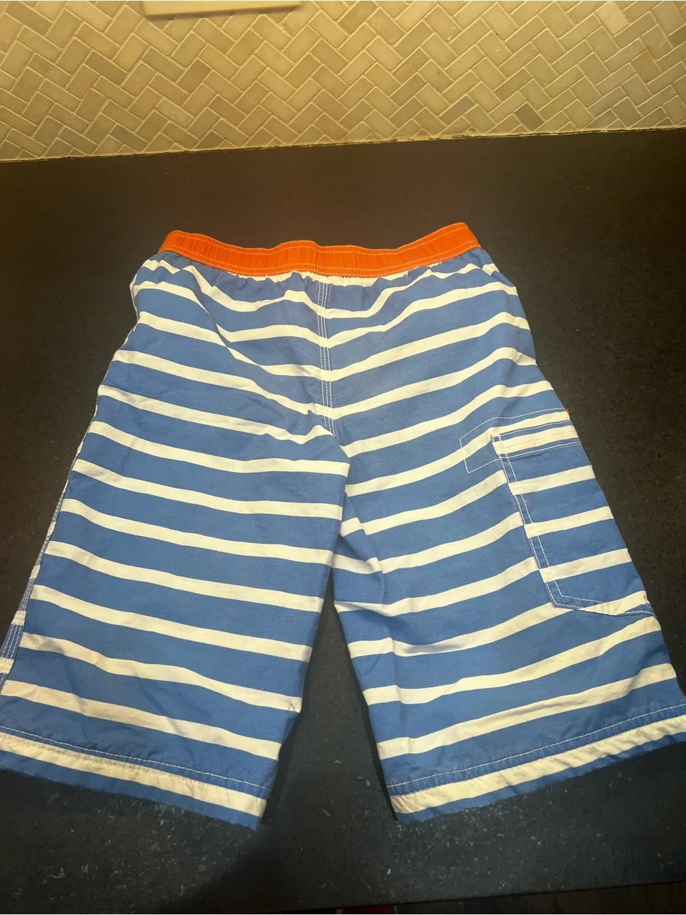 Mini Boden Blue and White Striped Shorts with Orange Waistband size 7/8
